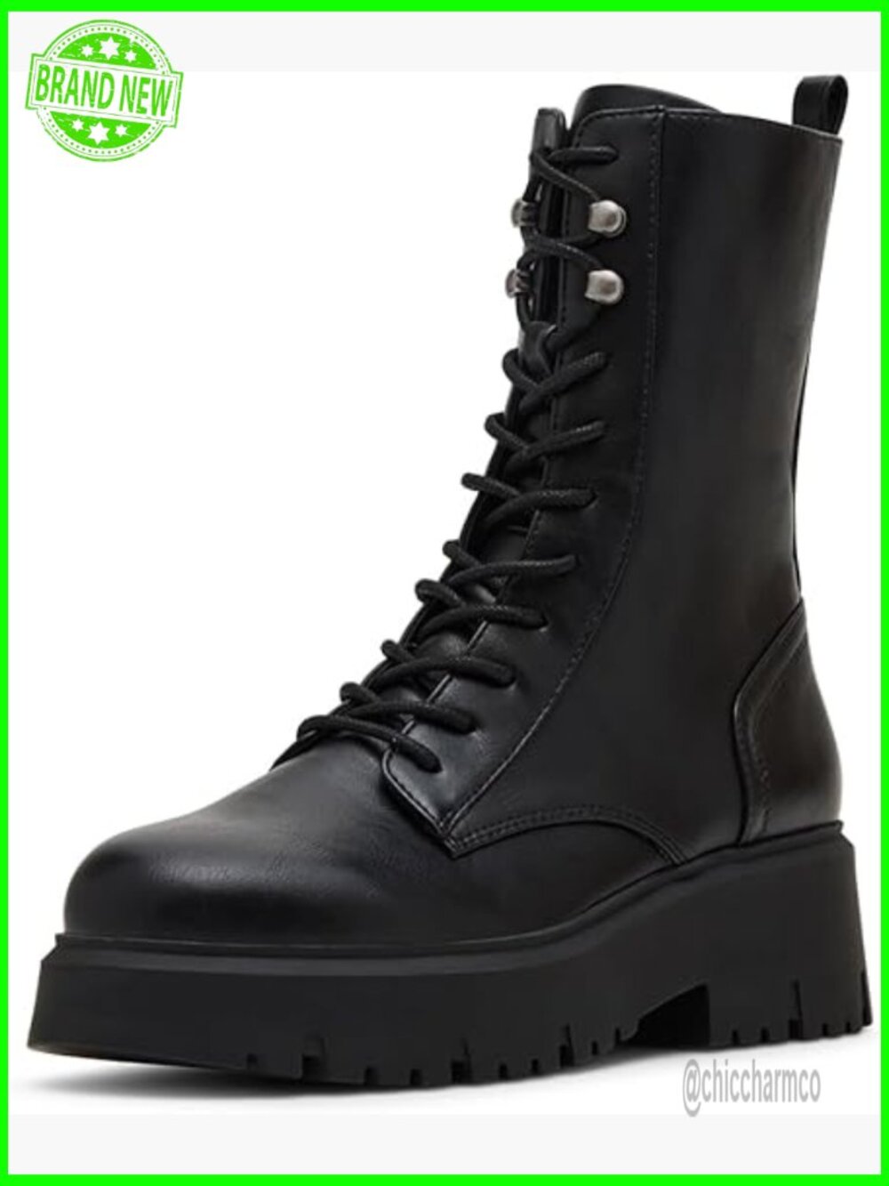 Ankle Combat Boots Lace Up Block Heel Faux Leather Fall Shoes